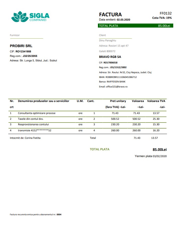 Romania SIGLA COMPANIEI utility bill template in Word and PDF format